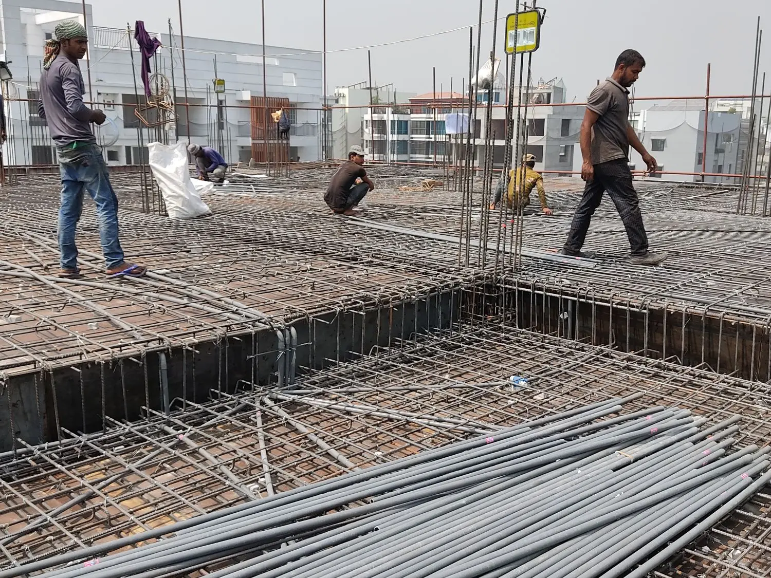 Construction crew working on a rebar deck
